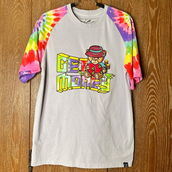 CIVILIZED Colorful Tie Dye Fuzzy Embroidered Bear 'Get Money' Short Sleeve Shirt - Picture 1 of 12